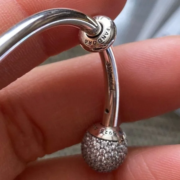 NWT Pandora Charm Carrier Moments SilverPave Bangle Bracelet w/ 2 Stoppers Sz 1